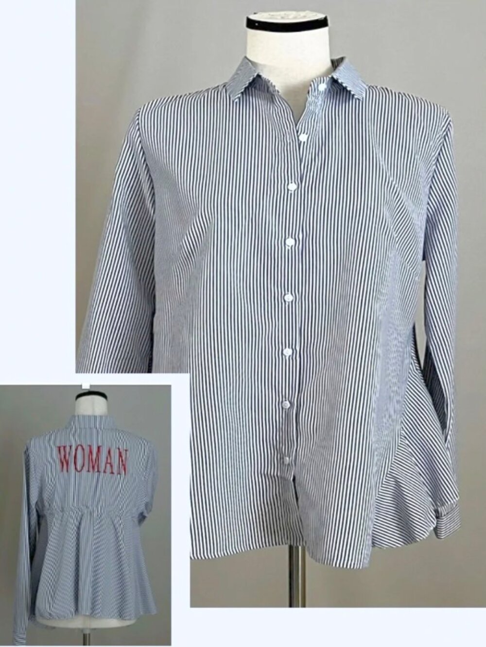 NWT - “Woman” Shirt in Navy-White Stripe CARE OF YOU Paris , Embroidered - M/L